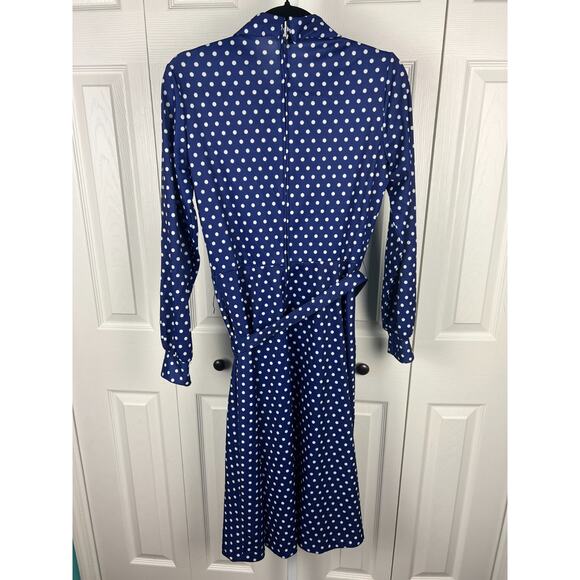 Montgomery Ward 70s does 50s Blue Polka Dot Dress Bow Neck Knit Sz 8 S/M - Picture 4 of 9
